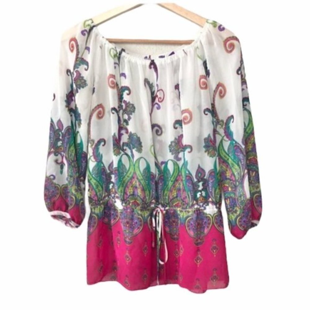 Boutique Trac‎ Sheer Floral Paisley Boho Off Shoulder Long Sleeve S